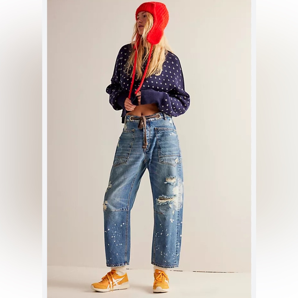 NWT Free People Moxie Pull-On Barrel Jeans Ripped Distressed Drawstring 28 Pull - Picture 5 of 13